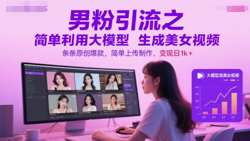 男粉引流之简单利用大模型生成美女视频，条条原创爆款，简单上传制作，变现日1k+