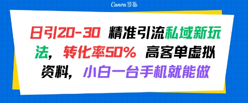 日引 20-30 精准引流私域新玩法，转化率50% 高客单虚拟资料，小白一台手机就能做