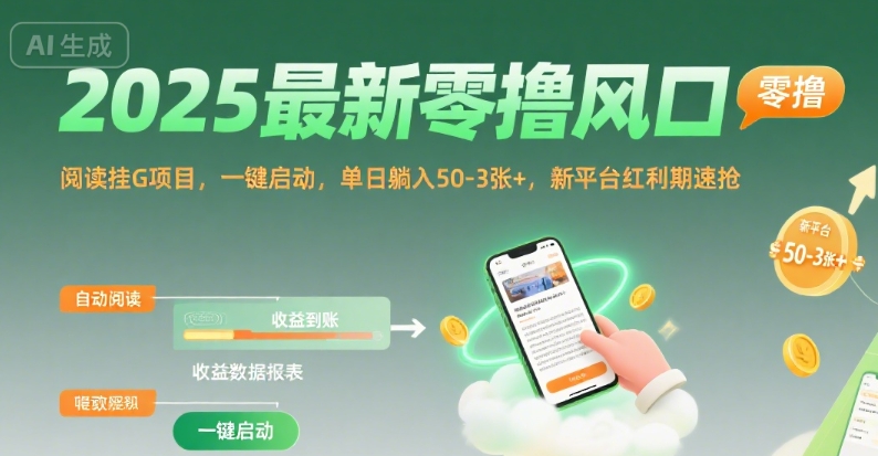 2025最新零撸风口，阅读挂G项目，一键启动，单日躺入 50-3张+，新平台红利期速抢