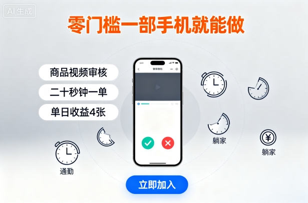 零门槛一部手机就能做，商品视频审核，通勤躺家碎片时间都能做，二十秒钟一单，单日收益4张
