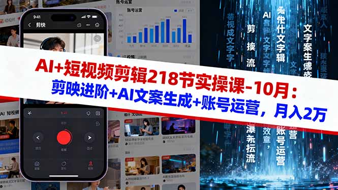 （16353期）AI+短视频剪辑218节实操课-10月：剪映进阶+AI文案生成+账号运营，月入2万