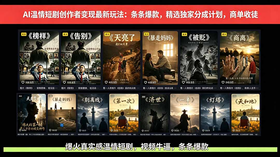 （18748期）AI温情短剧创作者变现最新玩法：视频牛逼，条条爆款，精选独家分成计划，商单收徒