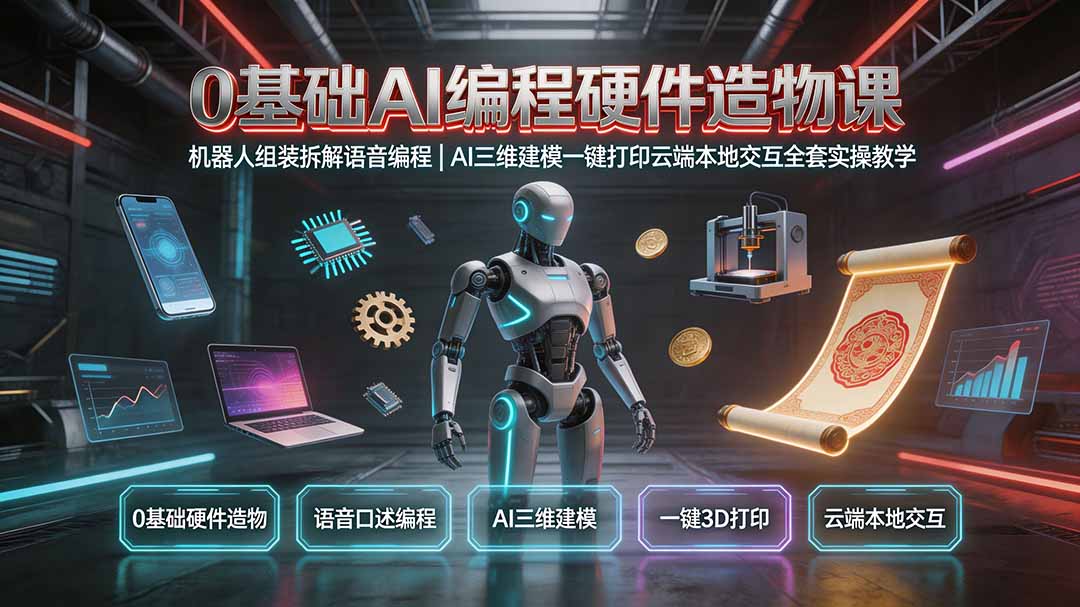 (19612期)0基础AI编程硬件造物课|机器人组装拆解语音编程,AI三维建模一键打印云端本地交互全套实操教学