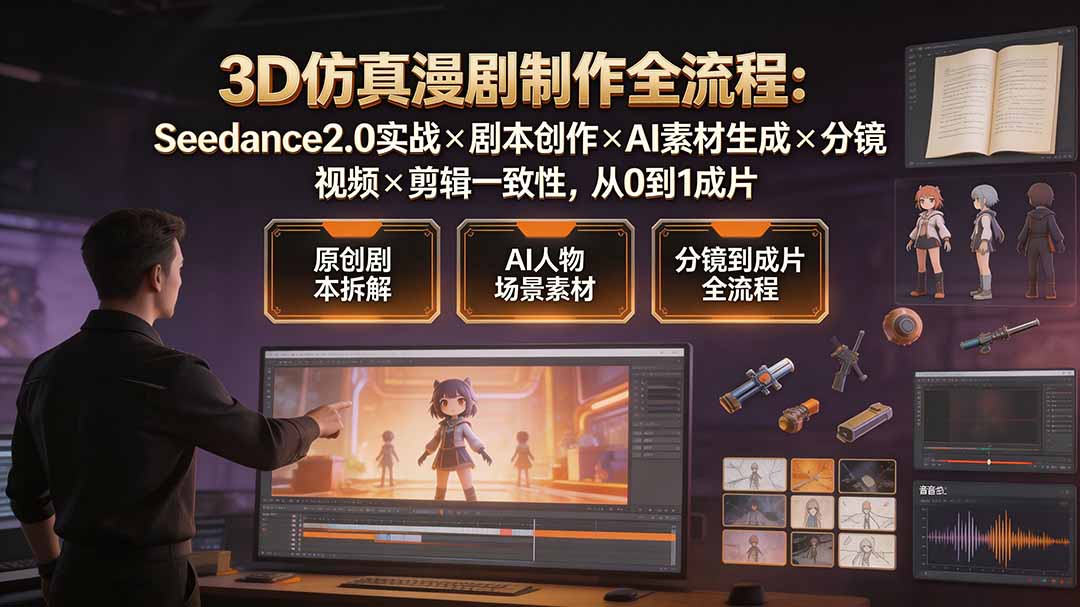 (19341期)3D仿真漫剧制作全流程:Seedance2.0实战×剧本创作×AI素材生成×分镜视频×剪辑一致性,从0到1成片