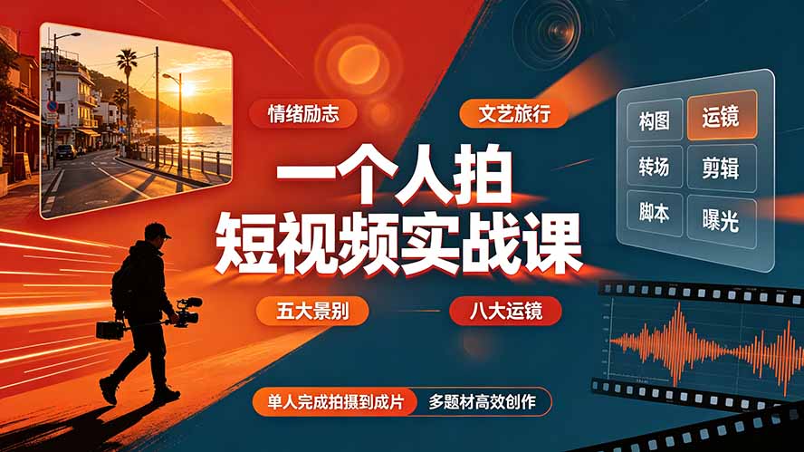 (19342期)一个人拍短视频实战课:情绪励志文艺旅行多题材×五大景别×黄金构图×八大运镜,从拍摄到成片高效创作