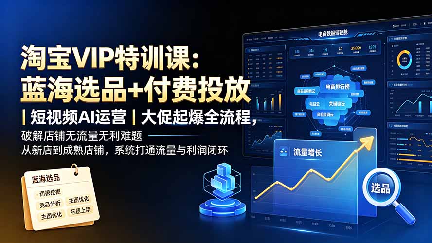 (19607期)淘宝VIP特训课-更新:蓝海选品+付费投放|短视频AI运营|大促起爆全流程,破解店铺无流量无利润难题