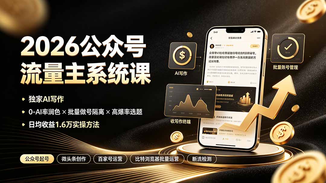 (19405期)2026公众号流量主系统课:独家AI写作×0-AI率润色×批量做号隔离×高爆率选题,日均收益1.6万实操方法