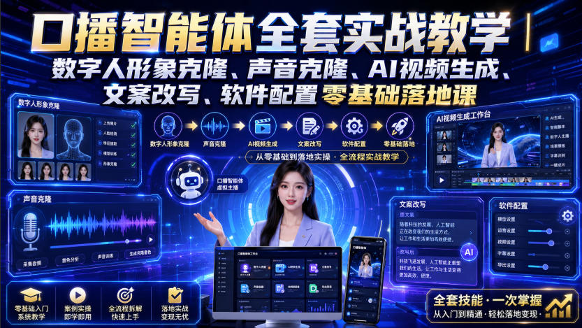 口播智能体全套实战教学|数字人形象克隆、声音克隆、AI视频生成、文案改写、软件配置零基础落地课