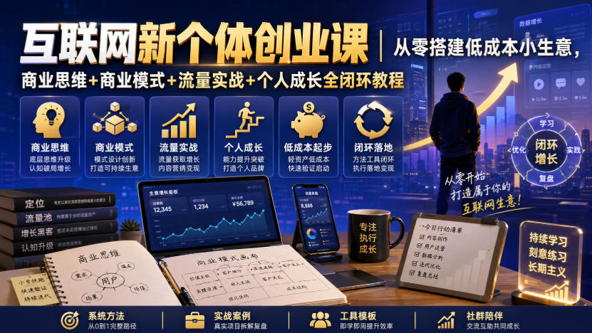 互联网新个体创业课|从零搭建低成本小生意,商业思维+商业模式+流量实战+个人成长全闭环教程