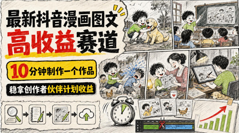 最新抖音漫画图文高收益赛道,10分钟制作一个作品,稳拿创作者伙伴计划收益
