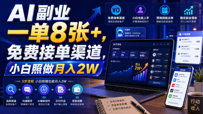 AI副业一单8张+,免费接单渠道,小白照做月入2W