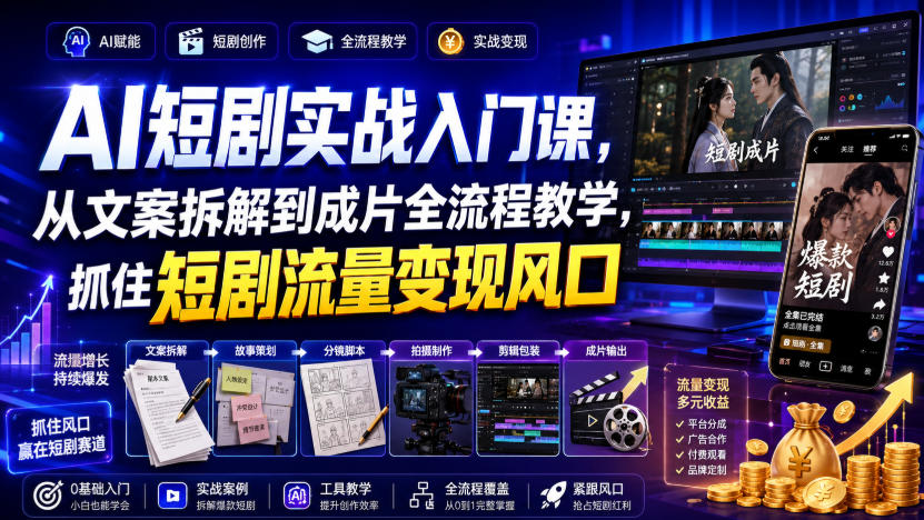 AI短剧实战入门课,从文案拆解到成片全流程教学,抓住短剧流量变现风口