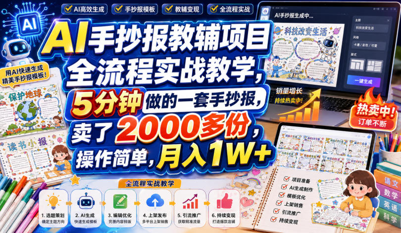 AI手抄报教辅项目全流程实战教学,5分钟做的一套手抄报,卖了2000多份,操作简单,月入1W+