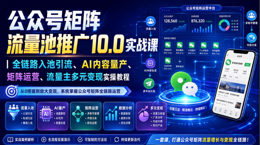 公众号矩阵流量池推广10.0实战课｜全链路入池引流、AI内容量产、矩阵运营、流量主多元变现实操教程
