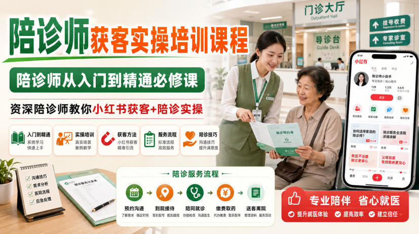 陪诊师获客实操培训课程,陪诊师从入门到精通必修课,资深陪诊师教你小红书获客+陪诊实操