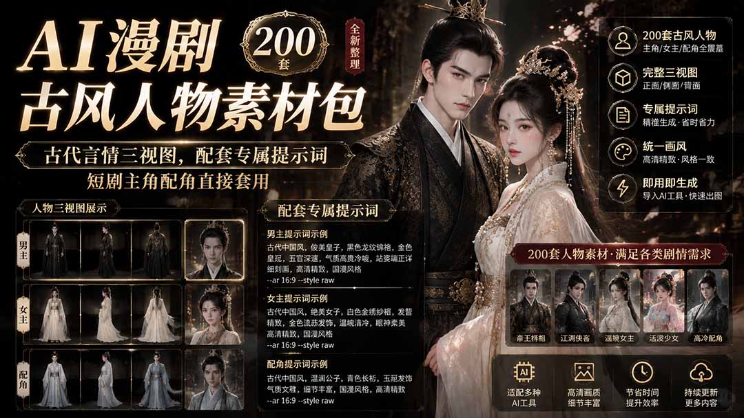(19693期)AI漫剧古风人物素材包+提示词|200 套古代言情三视图,配套专属提示词短剧主角配角直接套用