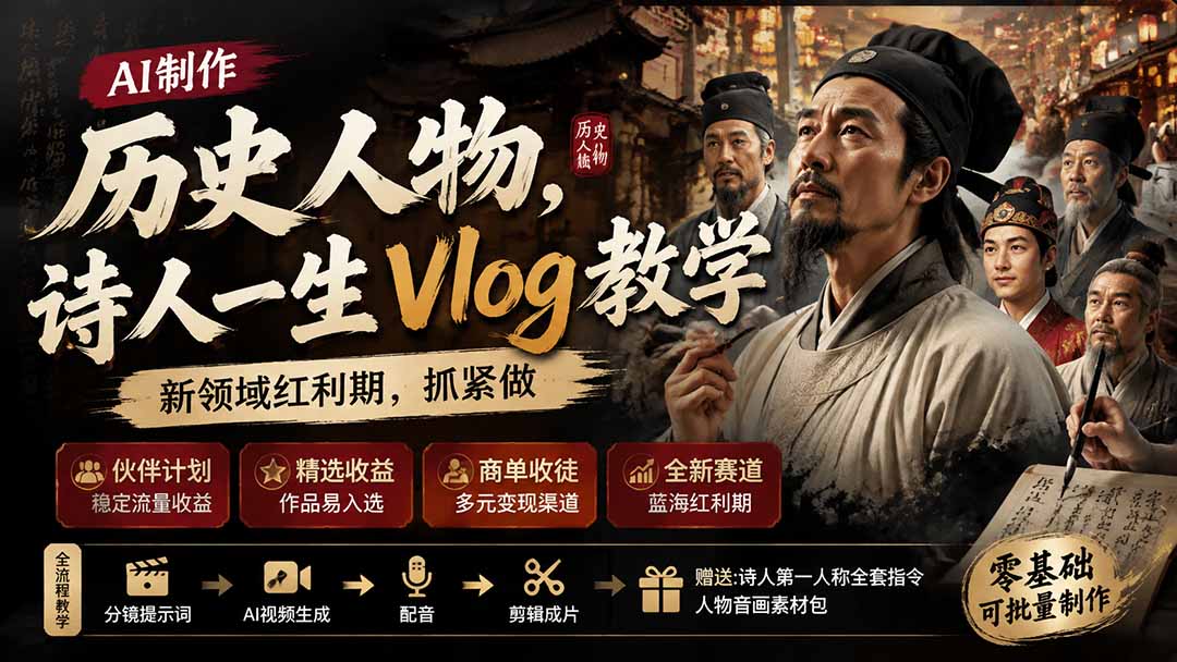 （19758期）历史人物，诗人一生Vlog教学， AI制作丨伙伴计划丨精选收益丨商单收徒 ，新领域红利期，抓紧做