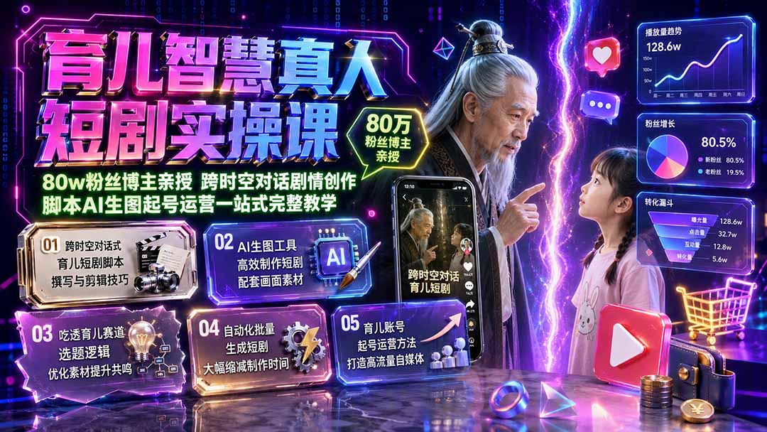 (19663期)育儿智慧真人短剧实操课|80w粉丝博主亲授,跨时空对话剧情创作,脚本AI生图起号运营一站式完整教学