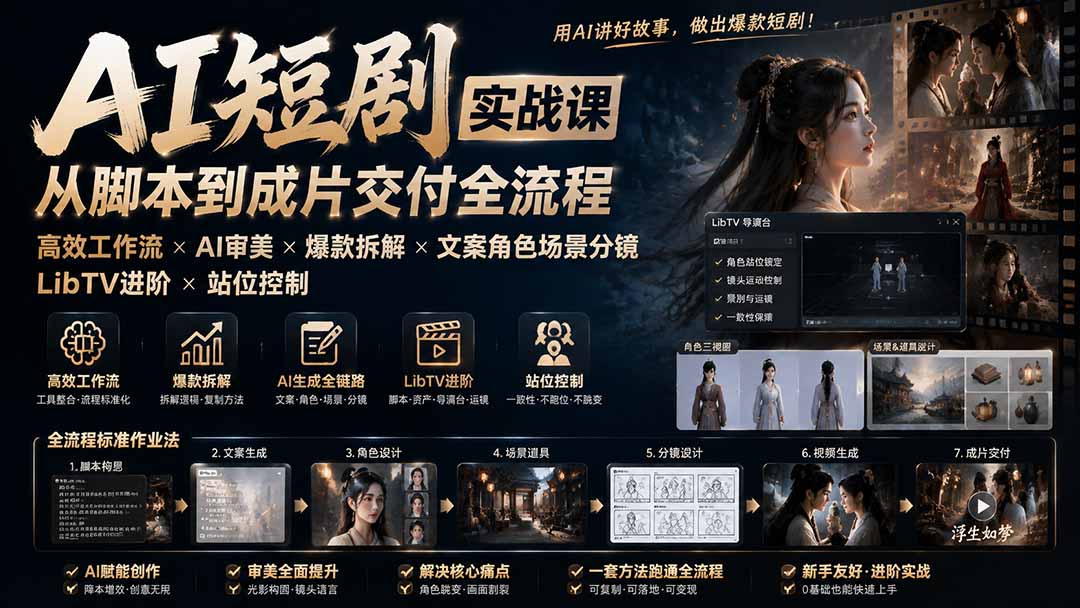 (19717期)AI短剧实战课:高效工作流×AI审美×爆款拆解×文案角色场景分镜×LibTV进阶×站位控制×从脚本到成片交付全流程