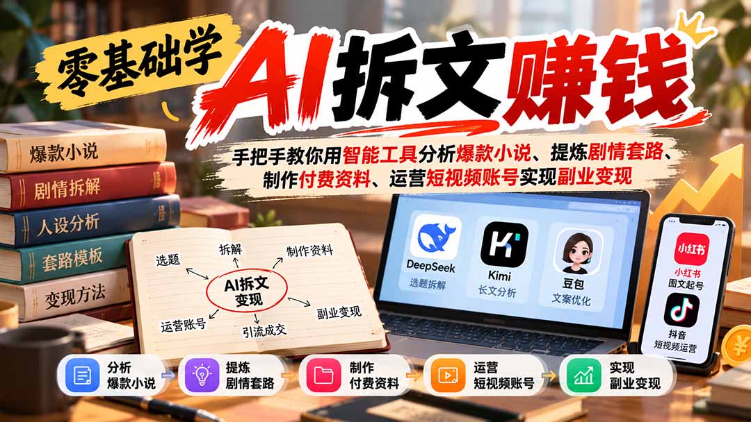 (21030期)零基础学AI拆文赚钱:手把手教你用智能工具分析爆款小说、提炼剧情套路、制作付费资料、运营短视频账号实现副业变现