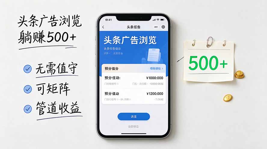 （20835期）头条广告浏览躺赚500+无需值守，可矩阵并附有管道收益