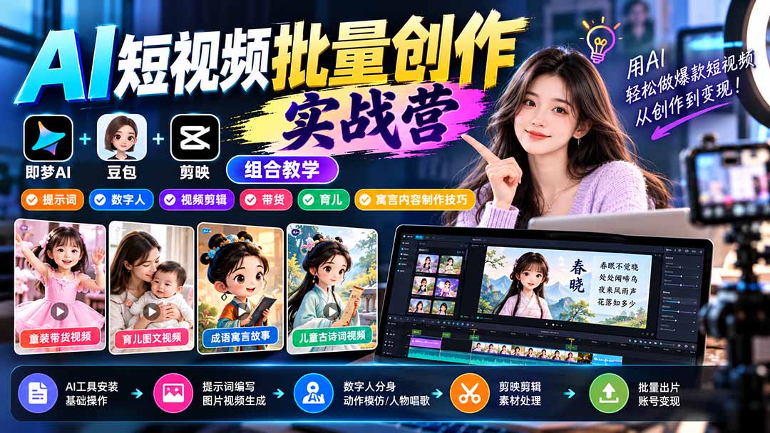 (21039期)【无水印】AI短视频批量创作实战营:即梦+豆包+剪映组合教学,提示词/数字人/视频剪辑/带货/育儿/寓言内容制作技巧