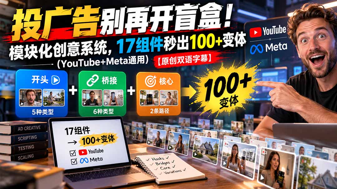 （20840期）投广告别再开盲盒！模块化创意系统，17组件秒出100+变体（YouTube+Meta通用）【原创双语字幕】