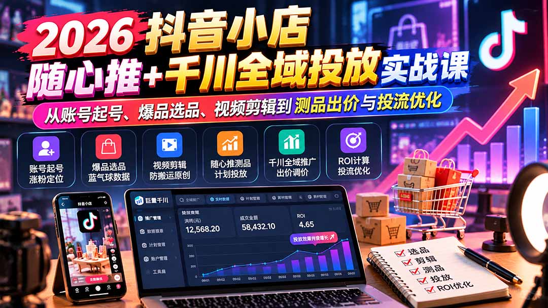 （20998期）2026抖音小店随心推+千川全域投放实战课：从账号起号、爆品选品、视频剪辑到测品出价与投流优化
